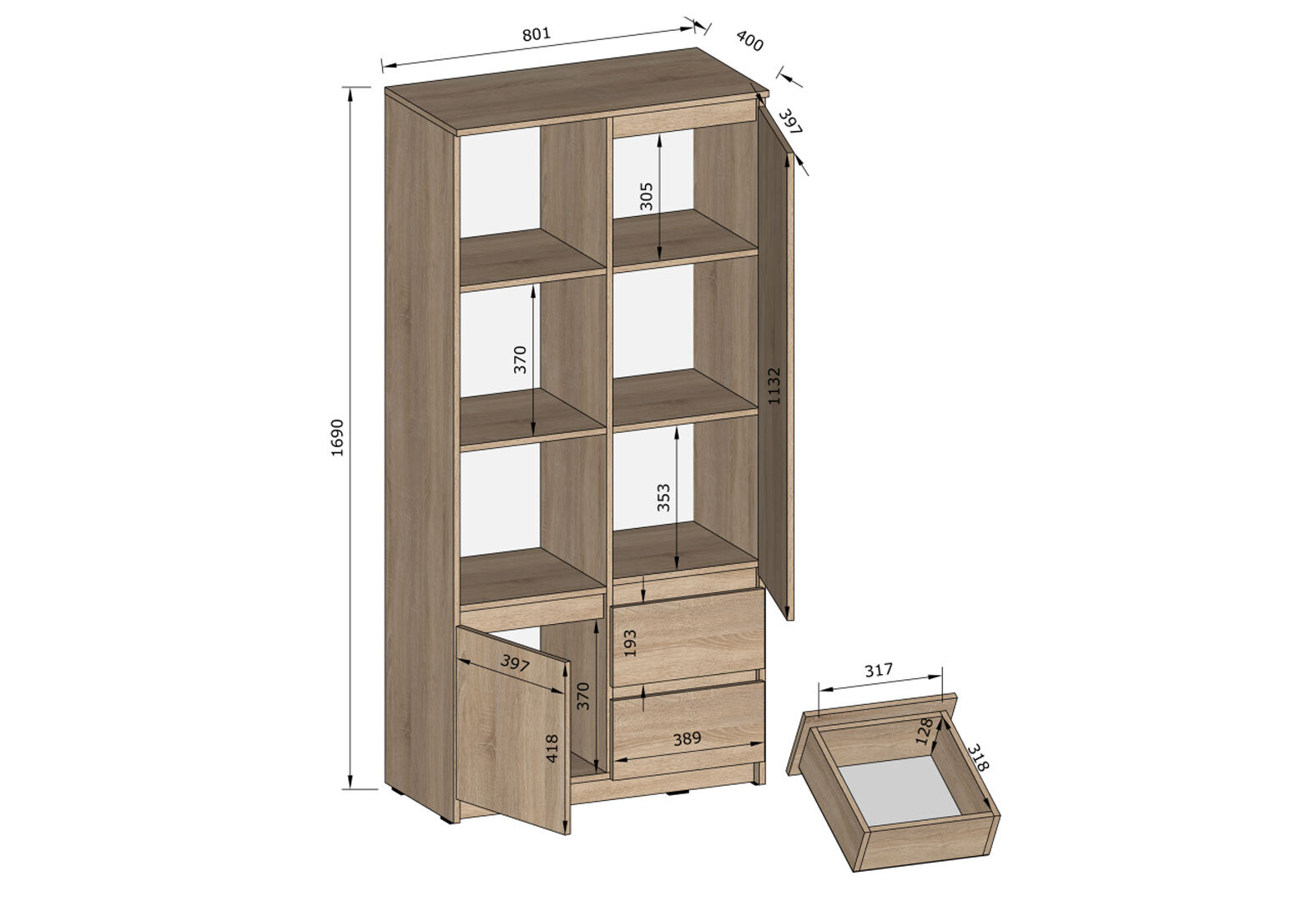 Фото 2 - Шафа-пенал Kredens furniture Естетик D-0002 з полицями та шухлядами 80 см, біла