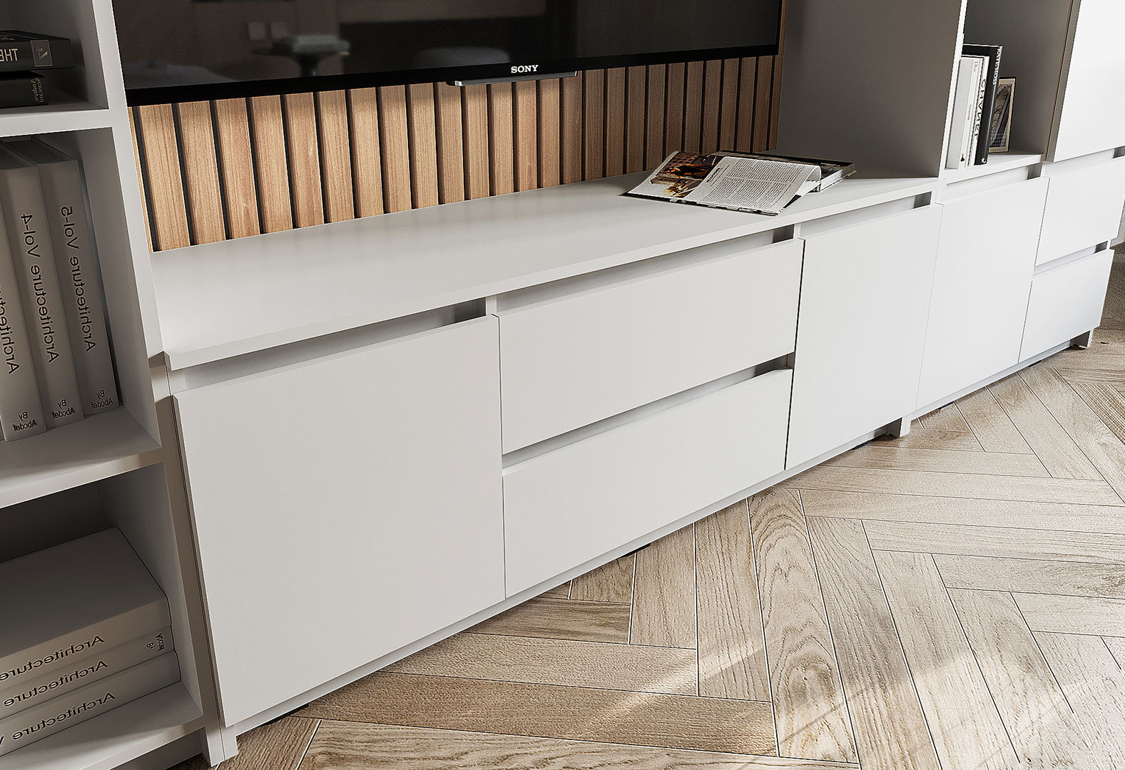 Фото 4 - Тумба під ТВ Kredens furniture Естетик D-0003 з 2 шухлядами та 2 дверками 140 см, біла