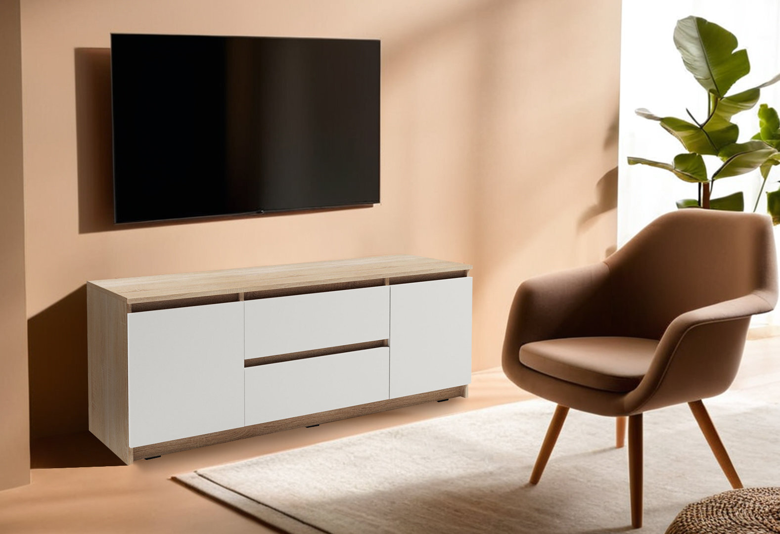 Фото 2 - Тумба під ТВ Kredens furniture Естетик D-0003 з 2 шухлядами та 2 дверками 140 см, дуб сонома / білий