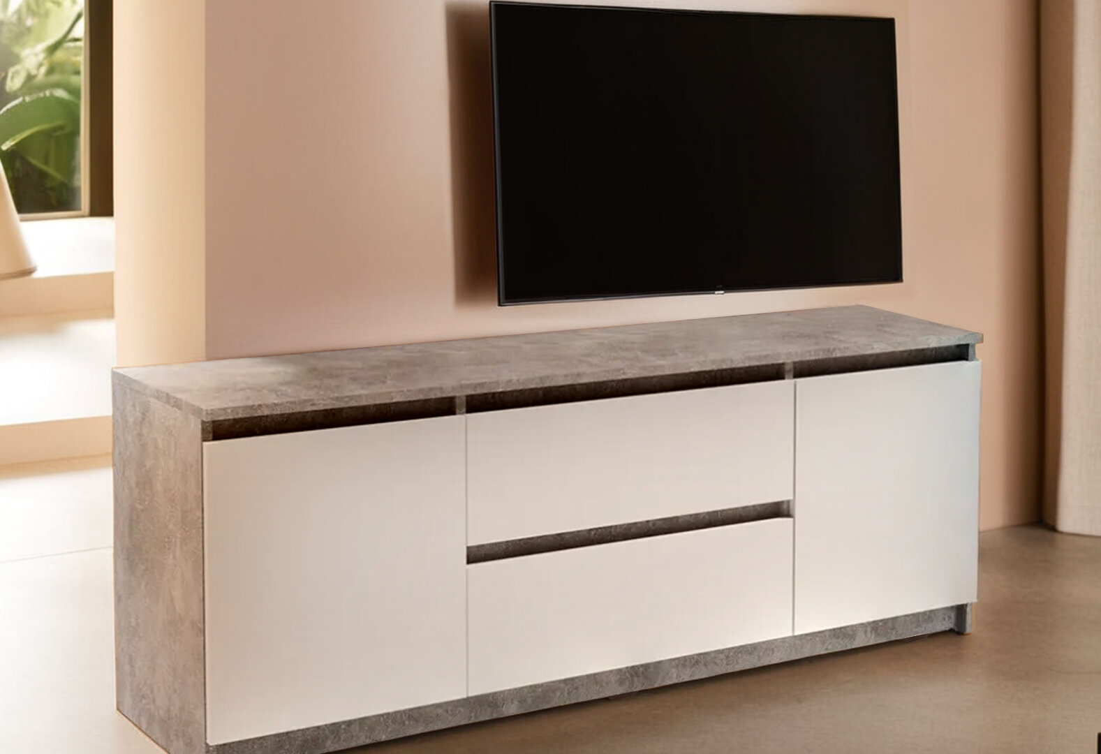 Фото 2 - Тумба під ТВ Kredens furniture Естетик D-0003 з 2 шухлядами та 2 дверками 140 см, бетон / білий