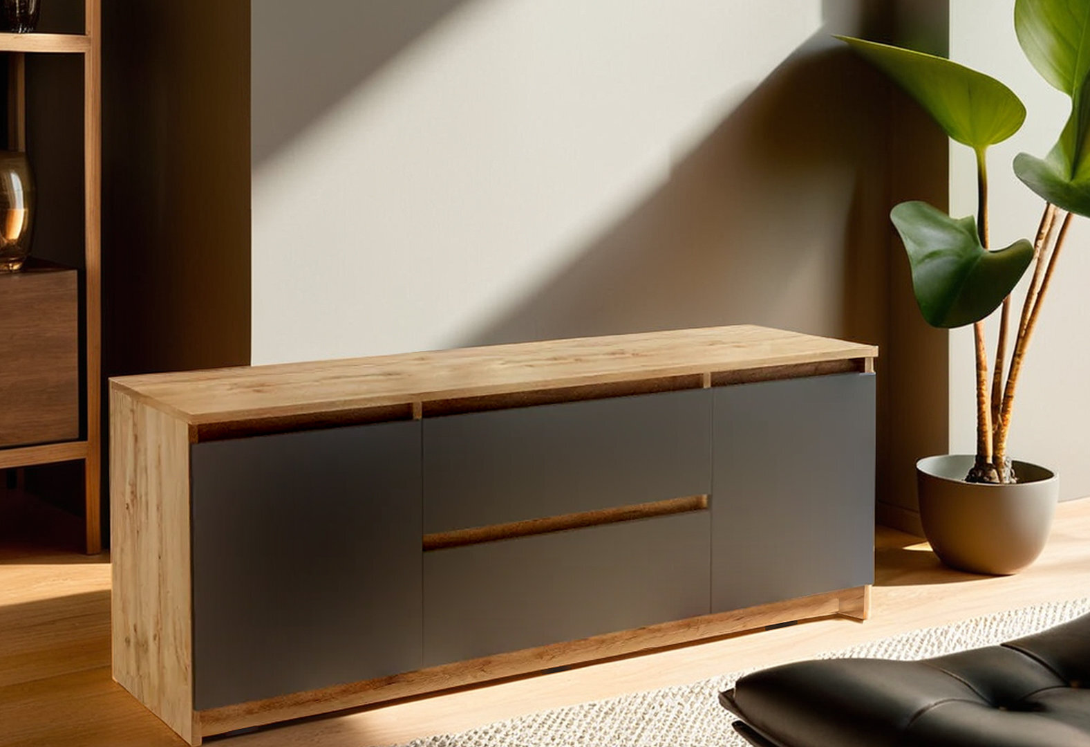 Фото 2 - Тумба під ТВ Kredens furniture Естетик D-0003 з 2 шухлядами та 2 дверками 140 см, дуб аппалачі / антрацит
