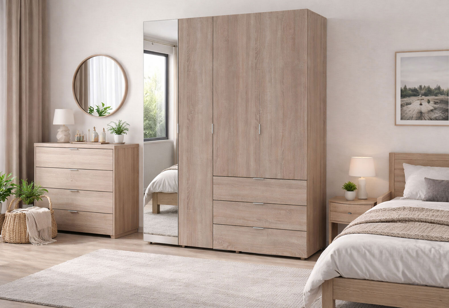 Фото 2 - Шафа Doros Гелар 4-дверна з дзеркалом і 3 шухлядами 155 см Дуб сонома