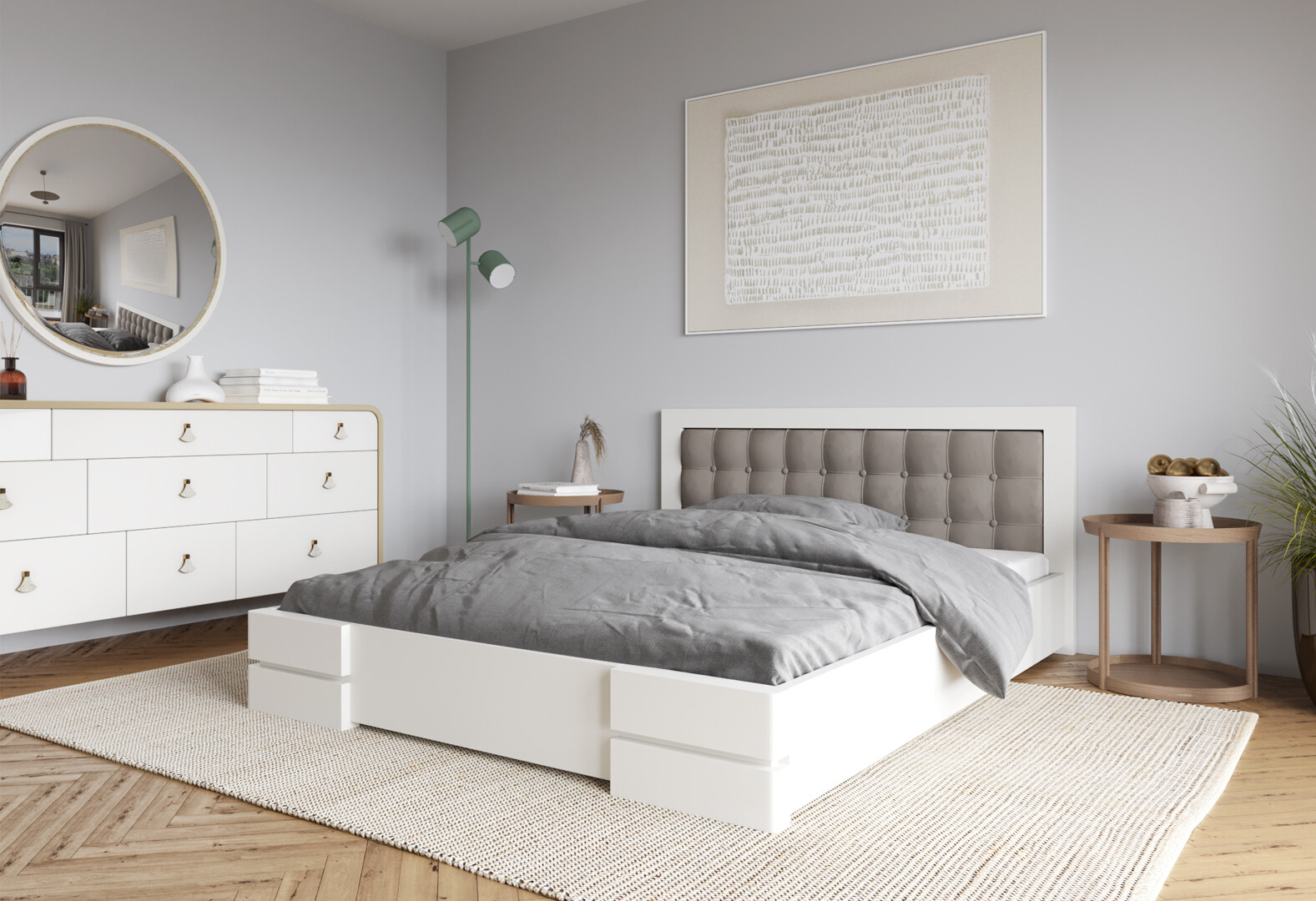 Фото 2 - Кровать Arbor Drev Регина 160 см прошивка изголовъя квадрат, тк. Лагуна 08, белая, сосна