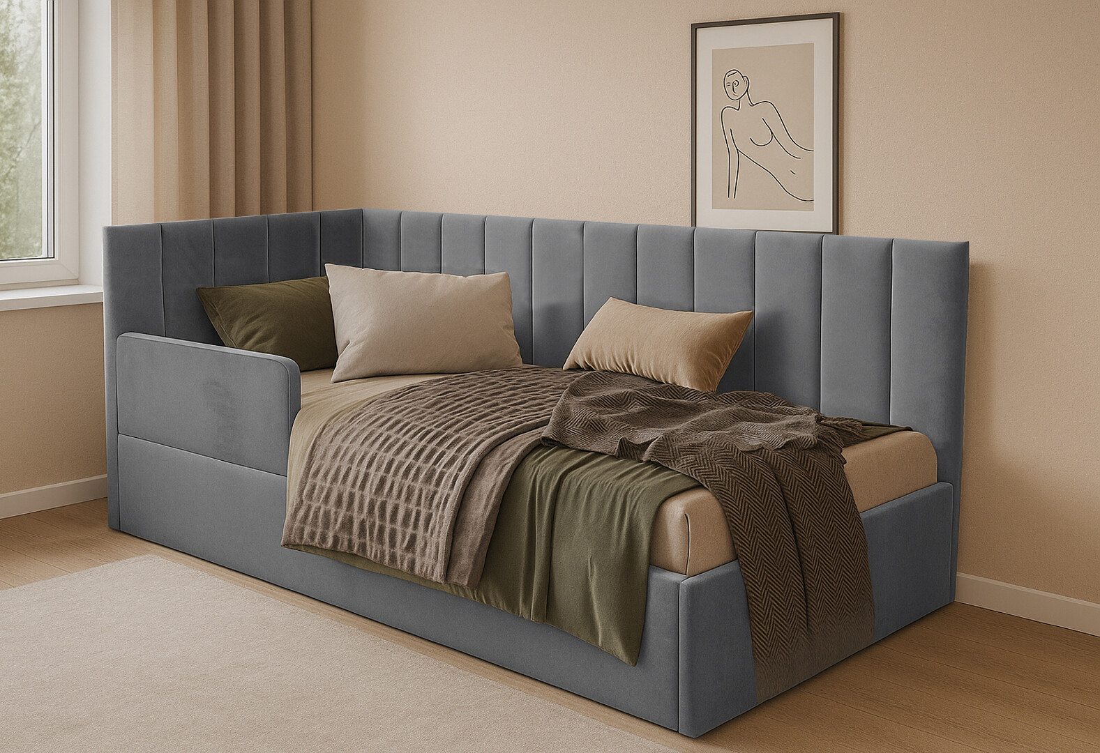 Фото 2 - Ліжко-подіум Vika Перлина New підйомне + бортик, з каркасним матрацом, збірка ліва, 90х200 см, темно-сіре