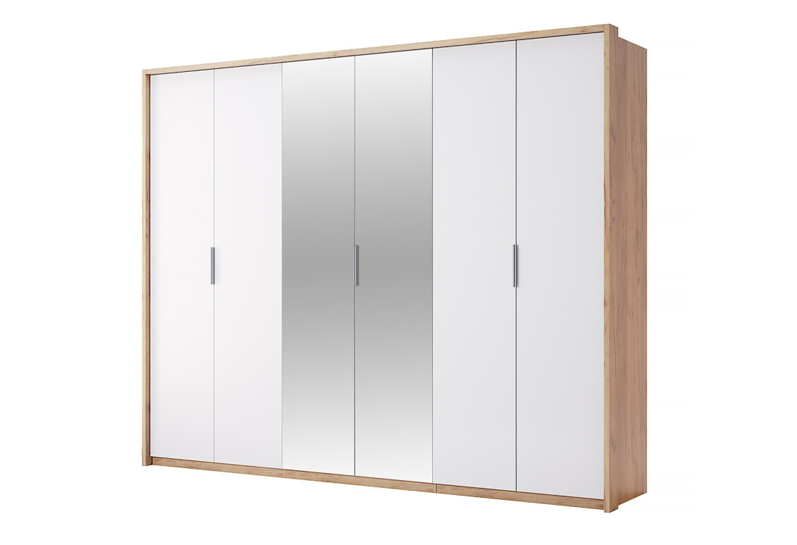 Фото Шкаф МироМарк Асти 6-дверный с зеркалом 274 см Дуб крафт/Белый серия Н