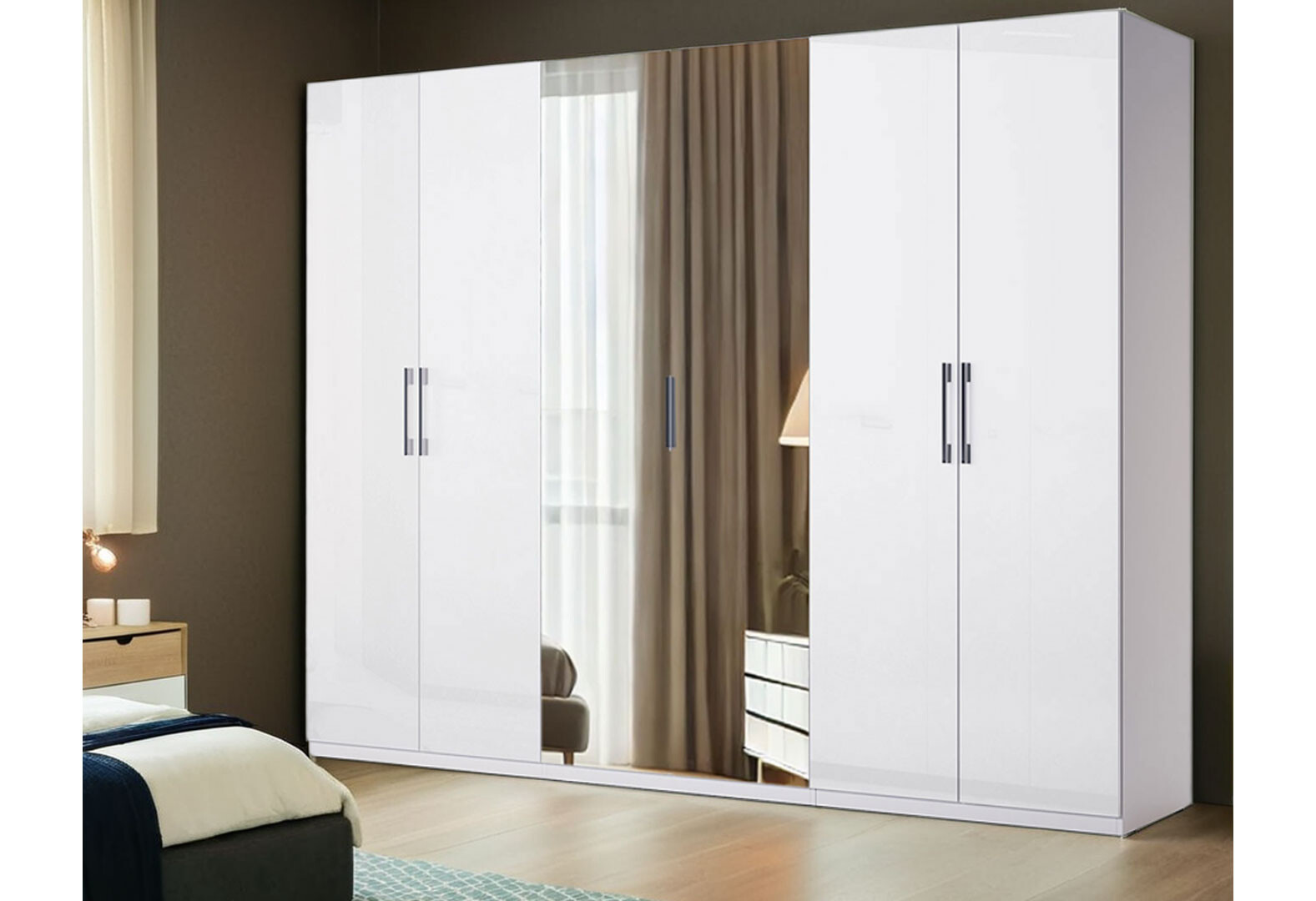 Фото 2 - Шафа MiroMark Фемілі 6-дверна з дзеркалом 268 см Біла, серія Н