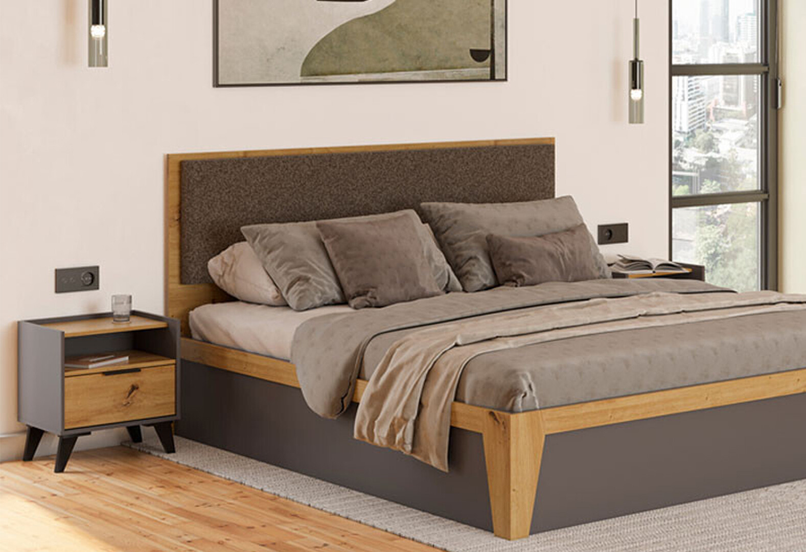 Фото 2 - Тумба прикроватная Svit Mebliv Камила с 1 ящиком и полкой 50 см, дуб артизан, графит / графит