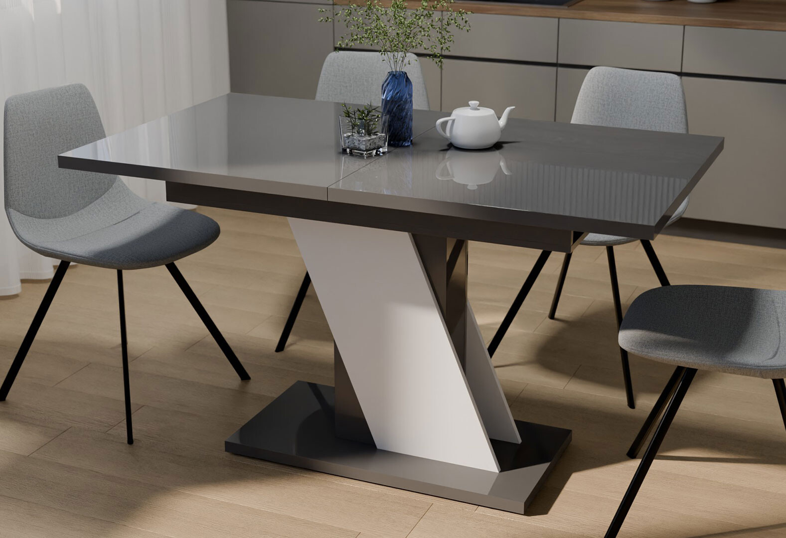 Фото 2 - Стол Неман Трион раздвижной 140/180х80, серый / белый глянец