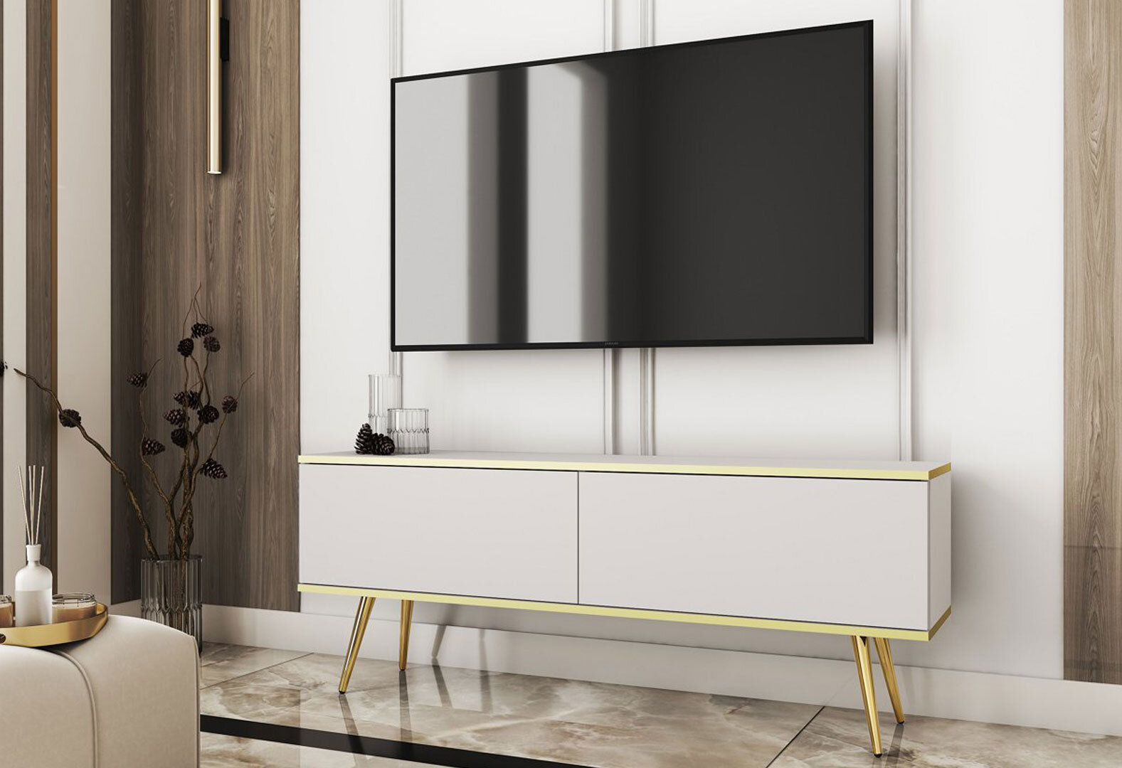 Фото 2 - Тумба под ТВ Perfect Home Оро / Oro с 2 дверками 135 см, белый, золотые ножки