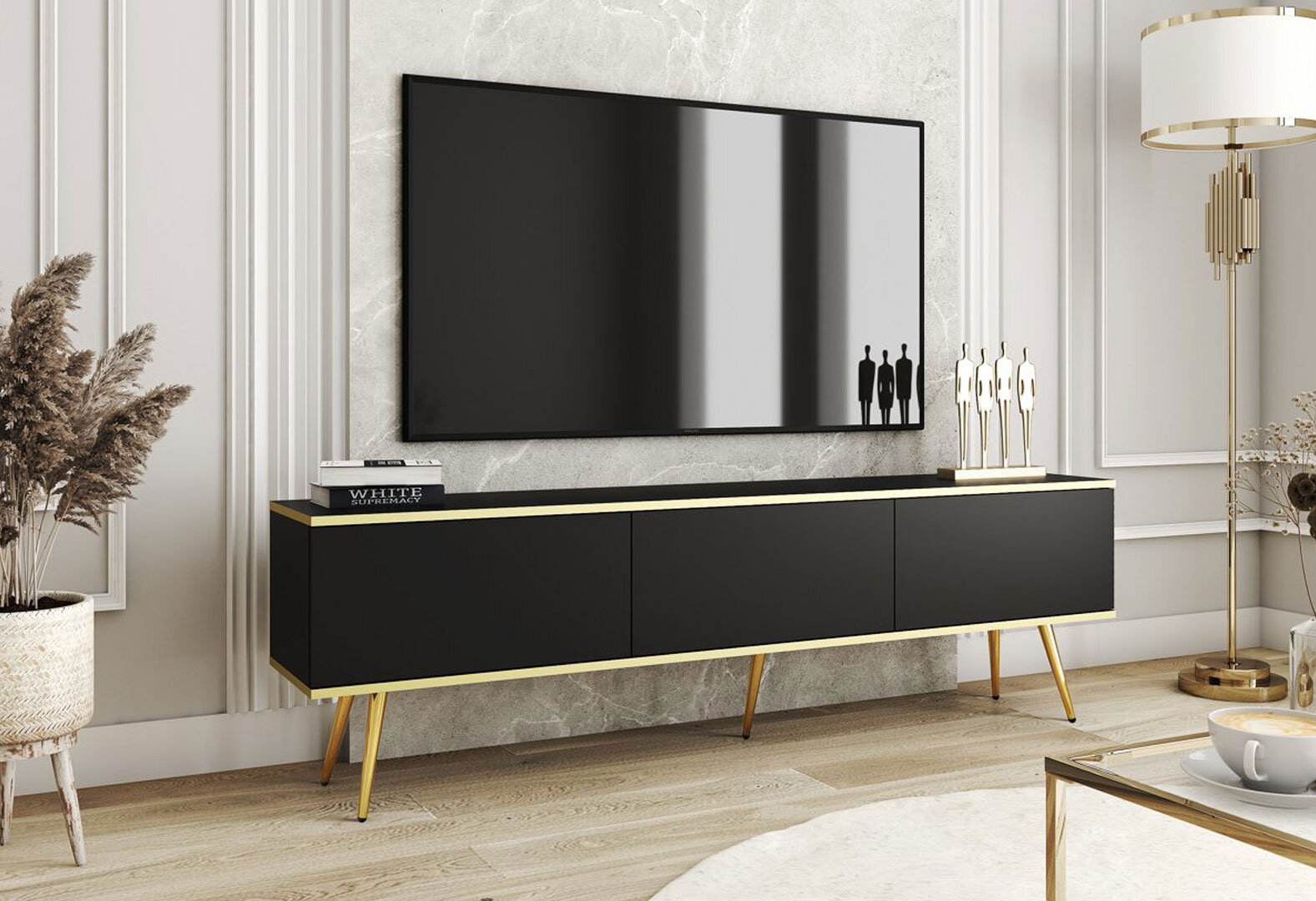 Фото 2 - Тумба под ТВ Perfect Home Оро / Oro с 3 дверками 175 см, черный, золотые ножки