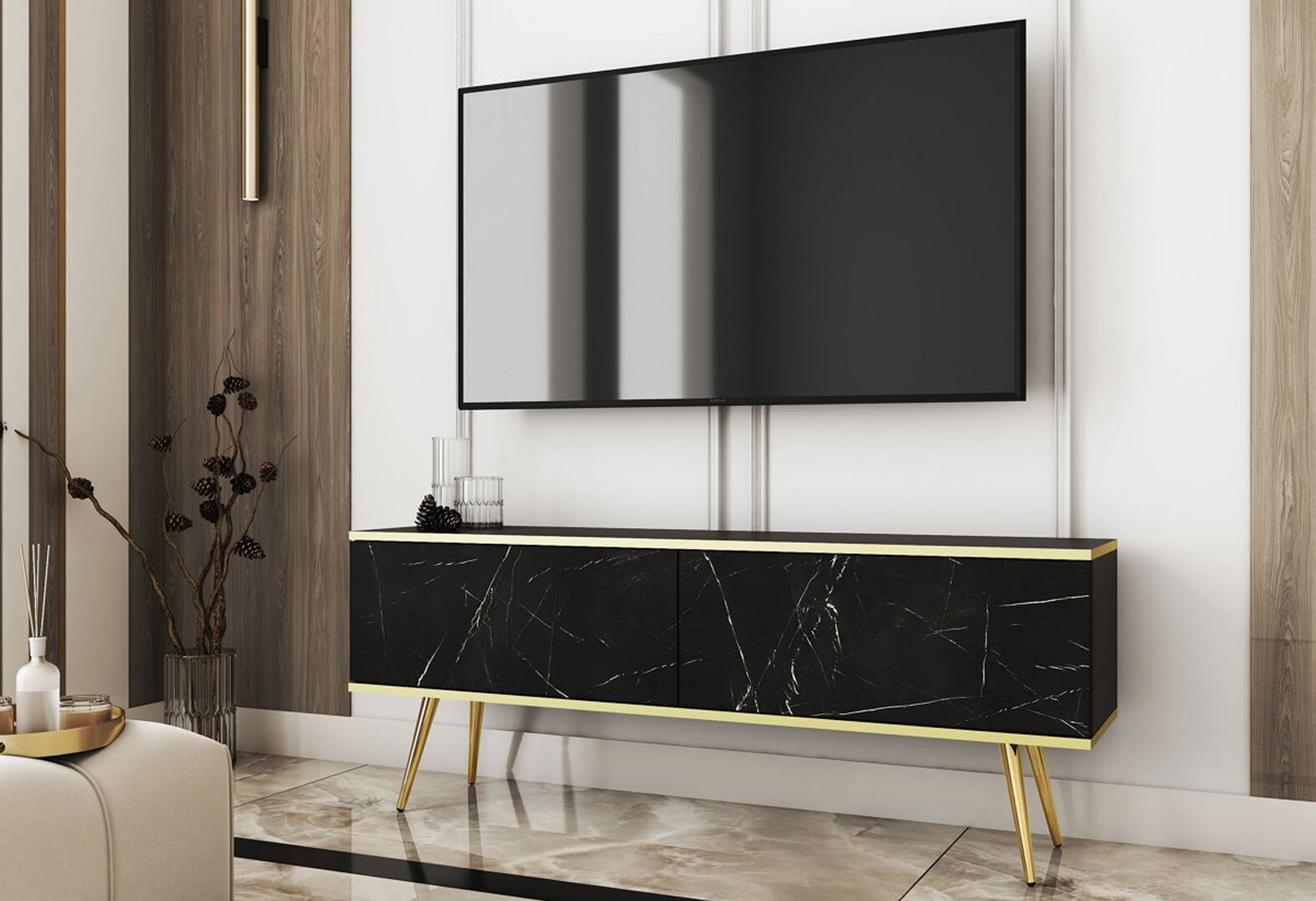 Фото 2 - Тумба под ТВ Perfect Home Оро / Oro с 2 дверками 135 см, черный мрамор, золотые ножки