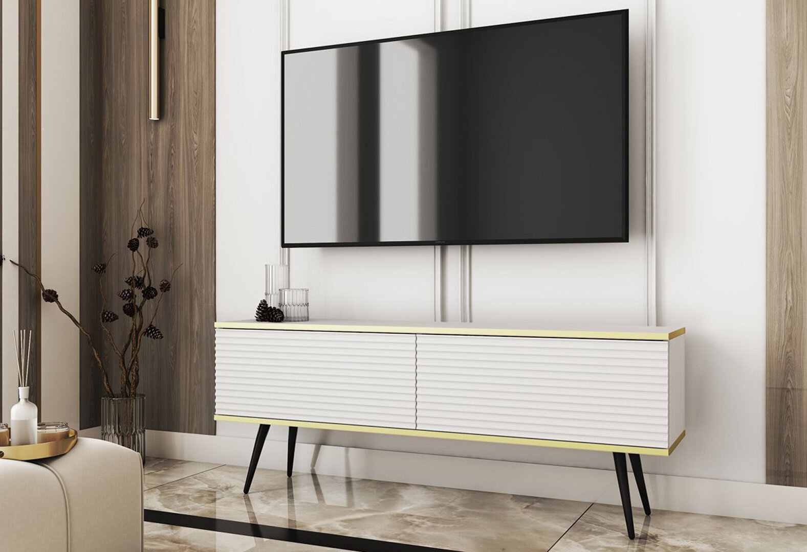 Фото 2 - Тумба под ТВ Perfect Home Оро / Oro MDF с 2 дверками 135 см, белый, черные ножки