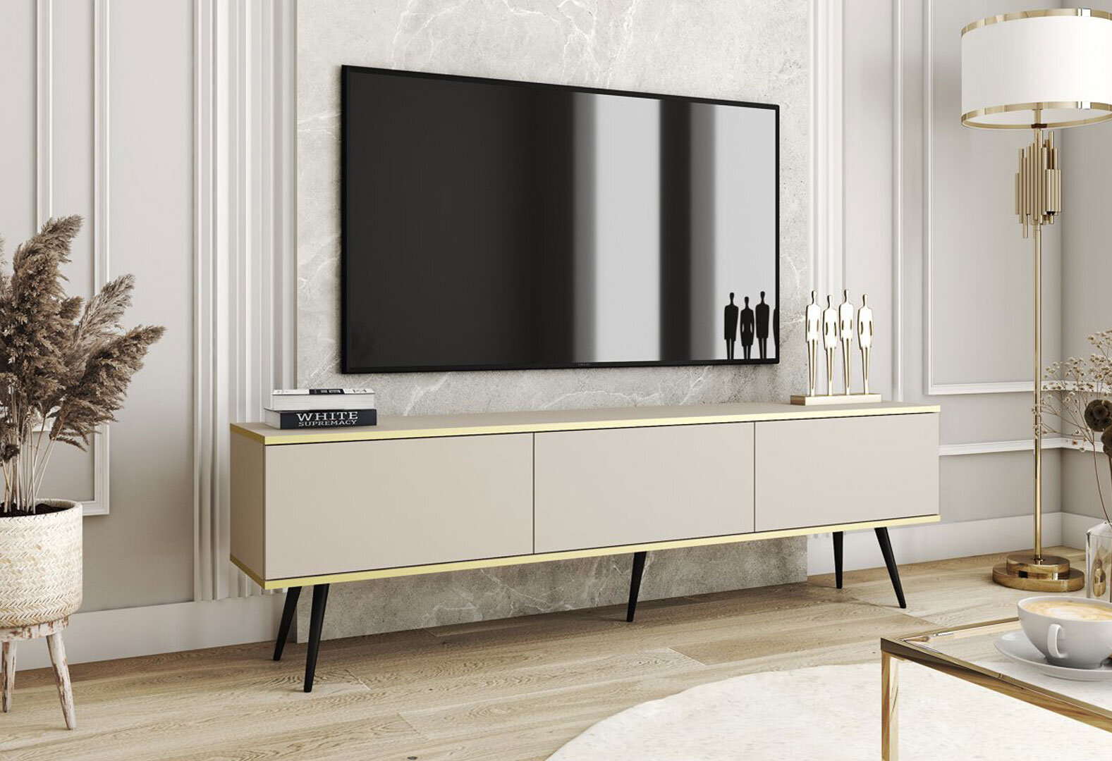 Фото 2 - Тумба под ТВ Perfect Home Оро / Oro с 3 дверками 175 см, бежевый, черные ножки