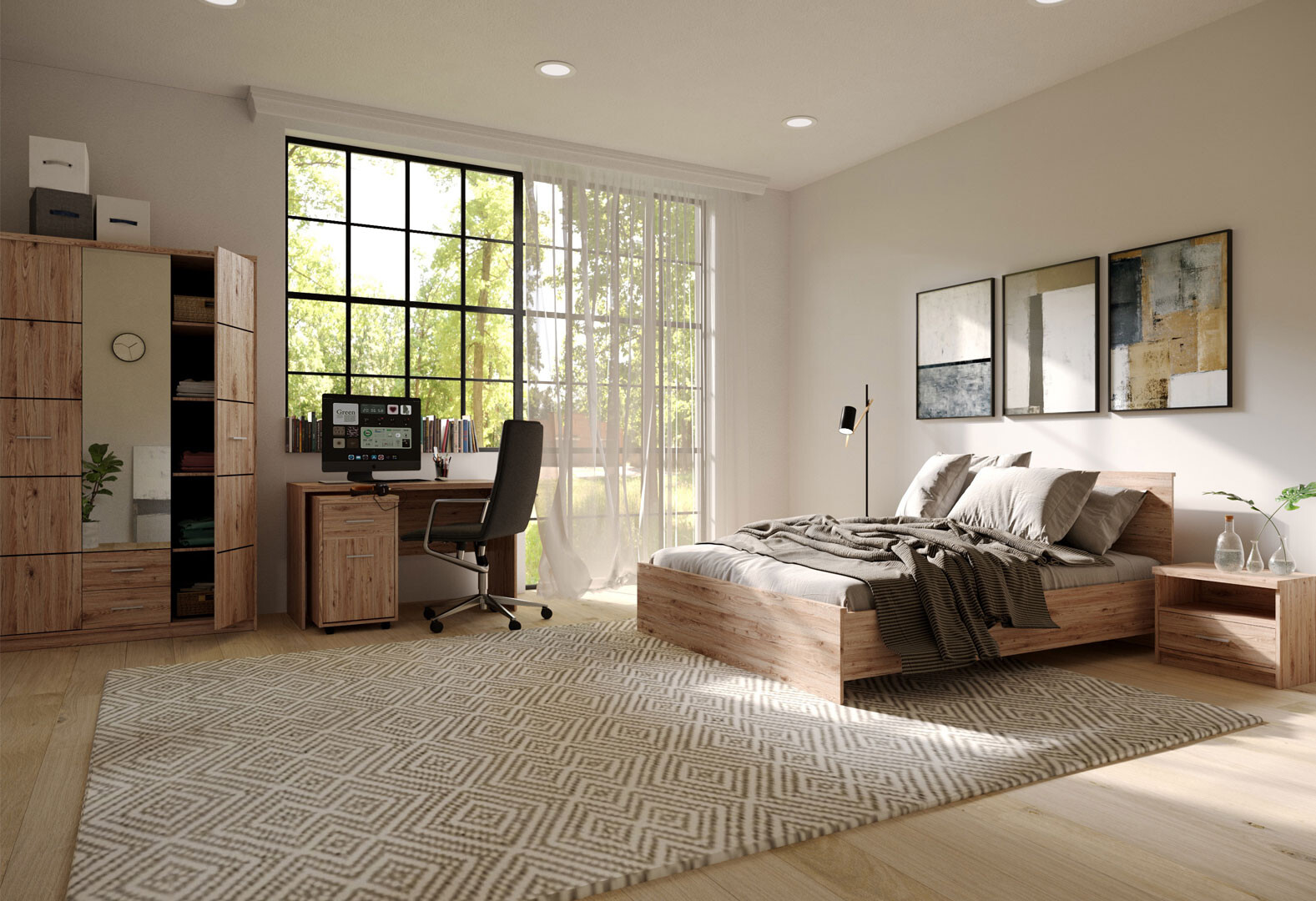 Фото 1 - Спальня Gerbor холдинг Шанталь со шкафом 3-дверным и кроватью 160х200 см, дуб сан-ремо светлый