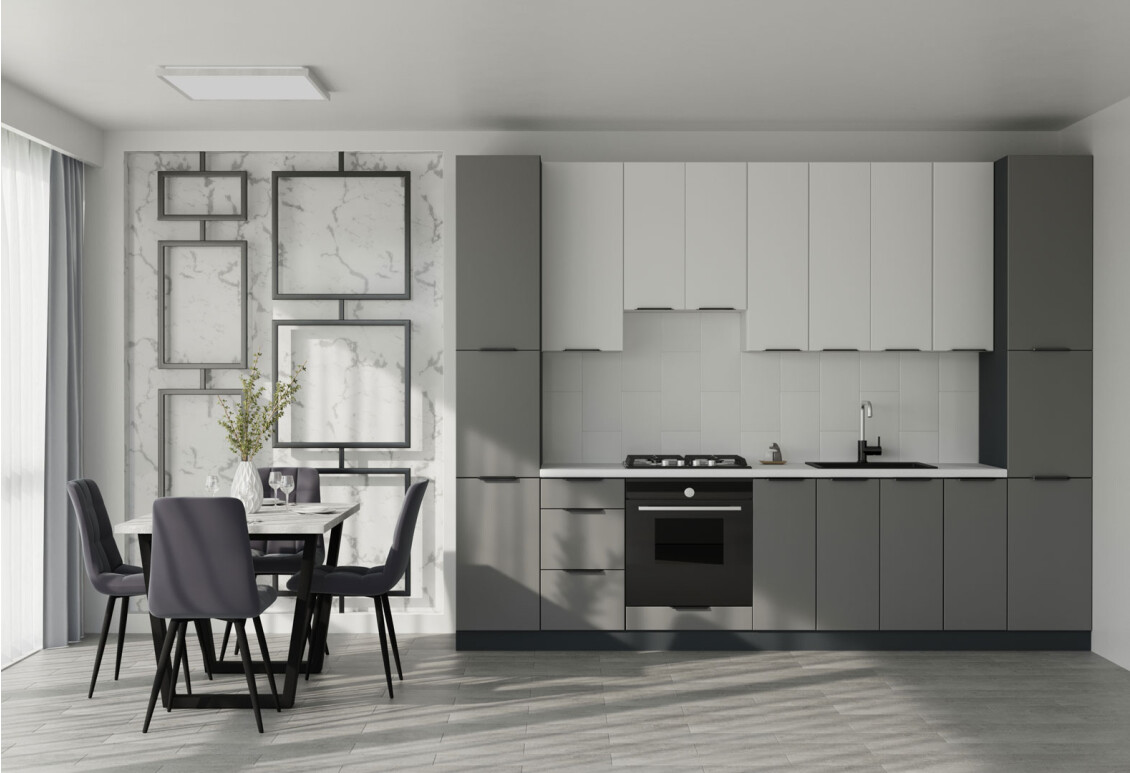Фото Кухня Флэт Люкс 3.0 Вип-Мастер, низ - антрацит / серый мат, верх - белый / белый мат