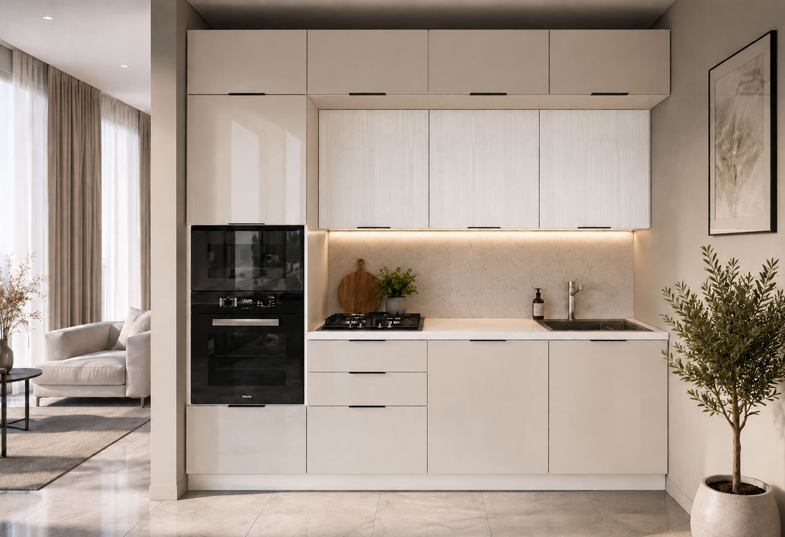 Фото 1 - Кухня Мебель Стар Диплос / Diplos Blum 240 см, альмонд Gloss / белое дерево