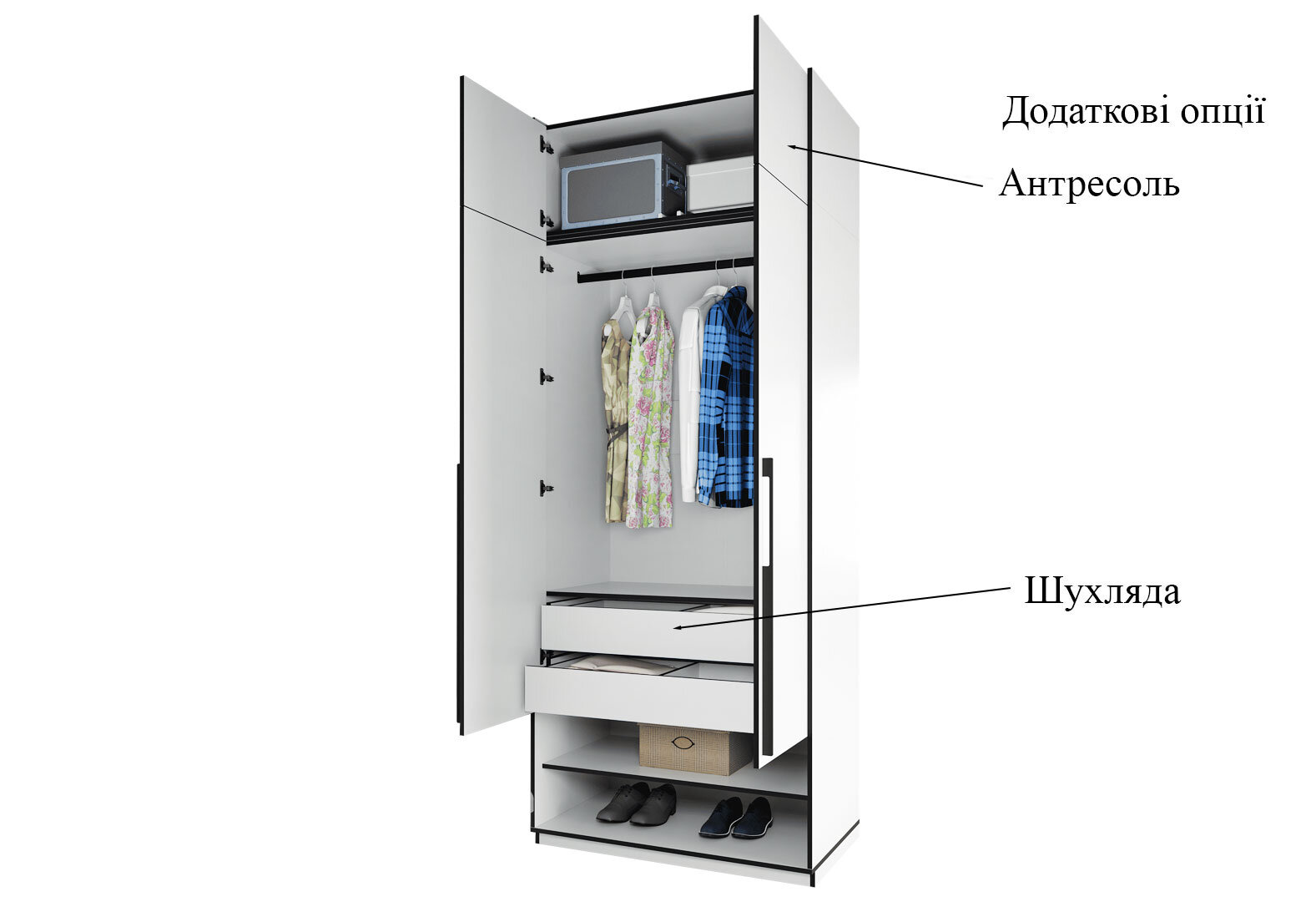 Фото 6 - Шафа-пенал Moreli Ramo / Рамо R-0004 2-дверна зі штангою та полицями 100,1 см, біла