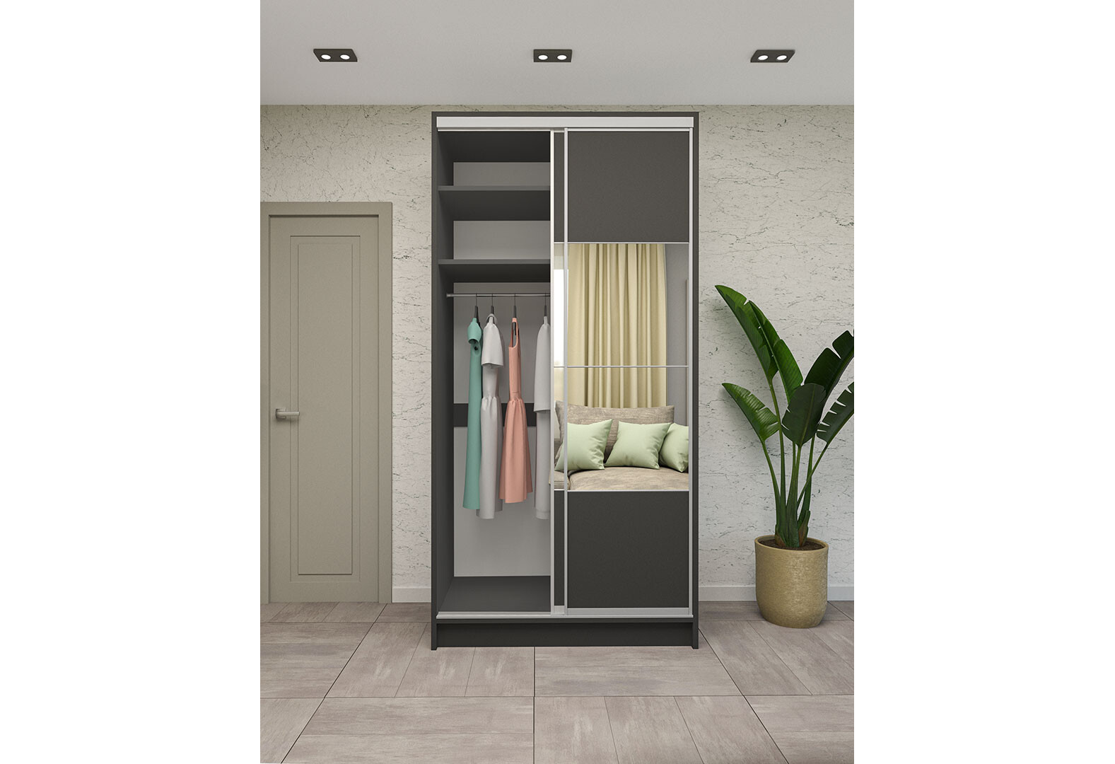 Фото 3 - Шкаф-купе двухдверный 1200х600х2400 ДСП + Зеркало Серебро, антрацит