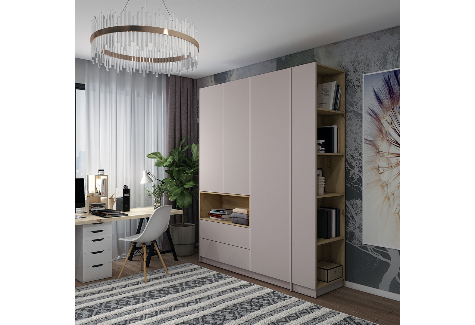 Фото 2 - Шафа Doros Дейл 3-дверна з нішею та 2 шухлядами + етажерка 178 см, Кашемір / Дуб Артізан