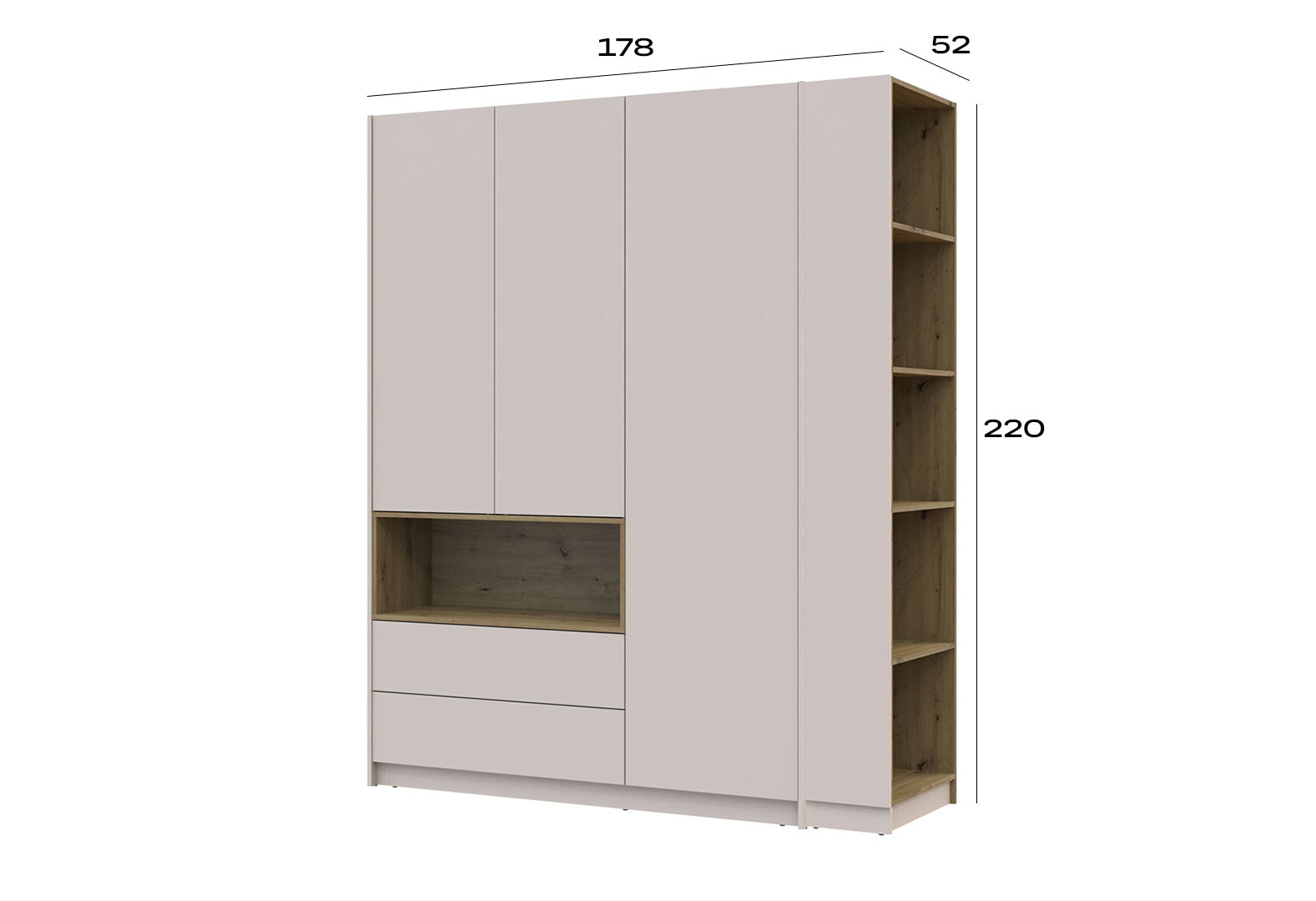 Фото 5 - Шафа Doros Дейл 3-дверна з нішею та 2 шухлядами + етажерка 178 см, Кашемір / Дуб Артізан