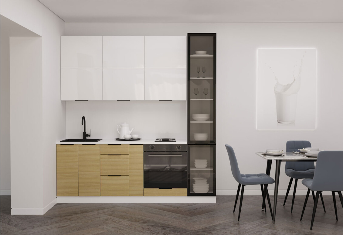 Фото Кухня Мебель Стар Диплос / Diplos Blum 2.2 с витриной, аляска белая / верх белый Gloss, низ натуральное дерево