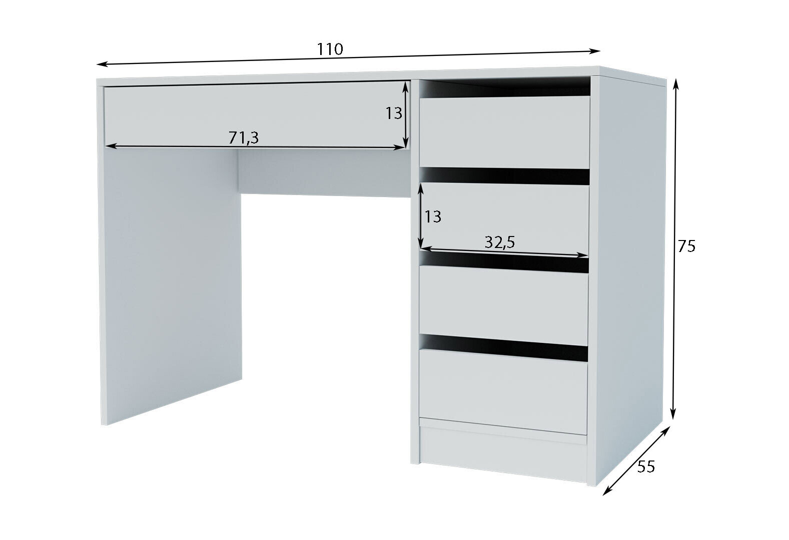 Фото 7 - Стіл письмовий Kredens furniture Ерго / Ergo 110x55 см правий з 5-ма шухлядами Білий