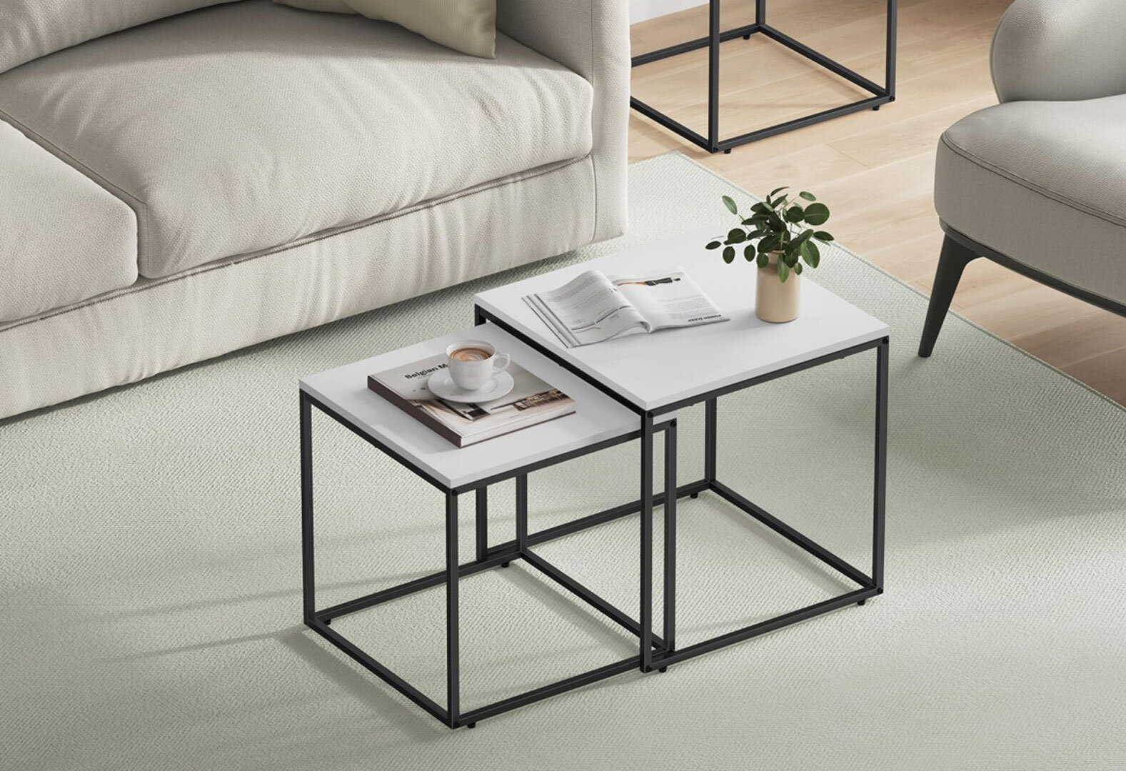 Фото 2 - Стіл журнальний Kredens furniture квадратний 2 шт, 50 / 45 см, білий / ніжки чорні