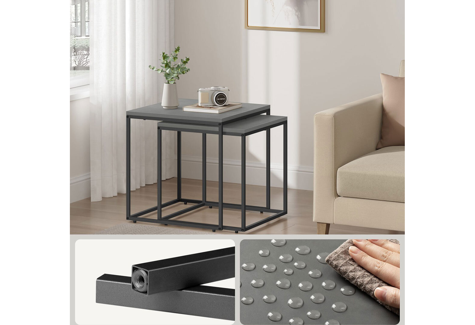 Фото 5 - Стіл журнальний Kredens furniture квадратний 2 шт, 50 / 45 см, бетон / ніжки чорні