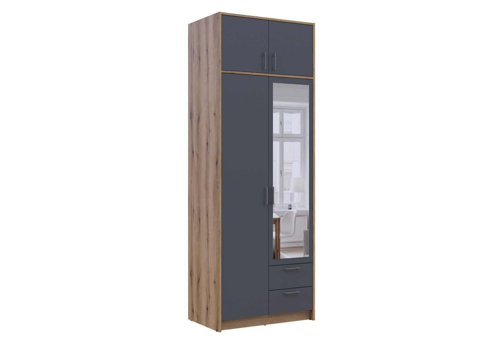 Фото 3 - Шкаф Doros Ронди 2-дверная с зеркалом, антресолей и 2 ящиками 82 см Дуб Артизан / Графит