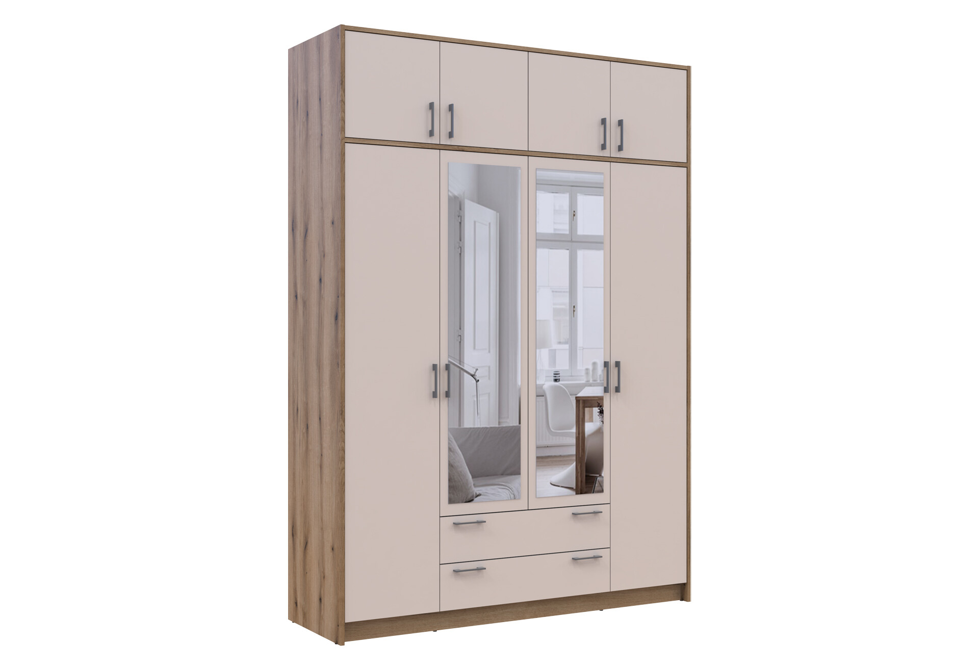 Фото 3 - Шкаф Doros Ронди 4-дверная с зеркалом, антресолей и 2 ящиками 160 см Дуб Артизан / Кашемир
