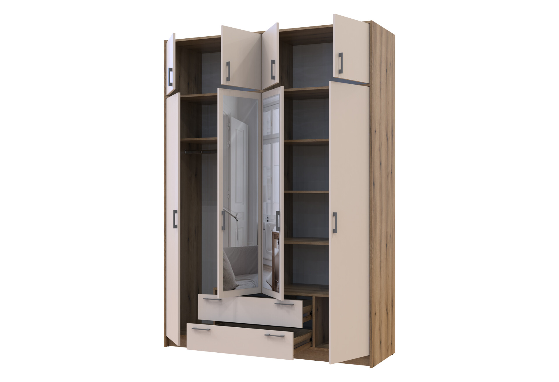 Фото 4 - Шкаф Doros Ронди 4-дверная с зеркалом, антресолей и 2 ящиками 160 см Дуб Артизан / Кашемир