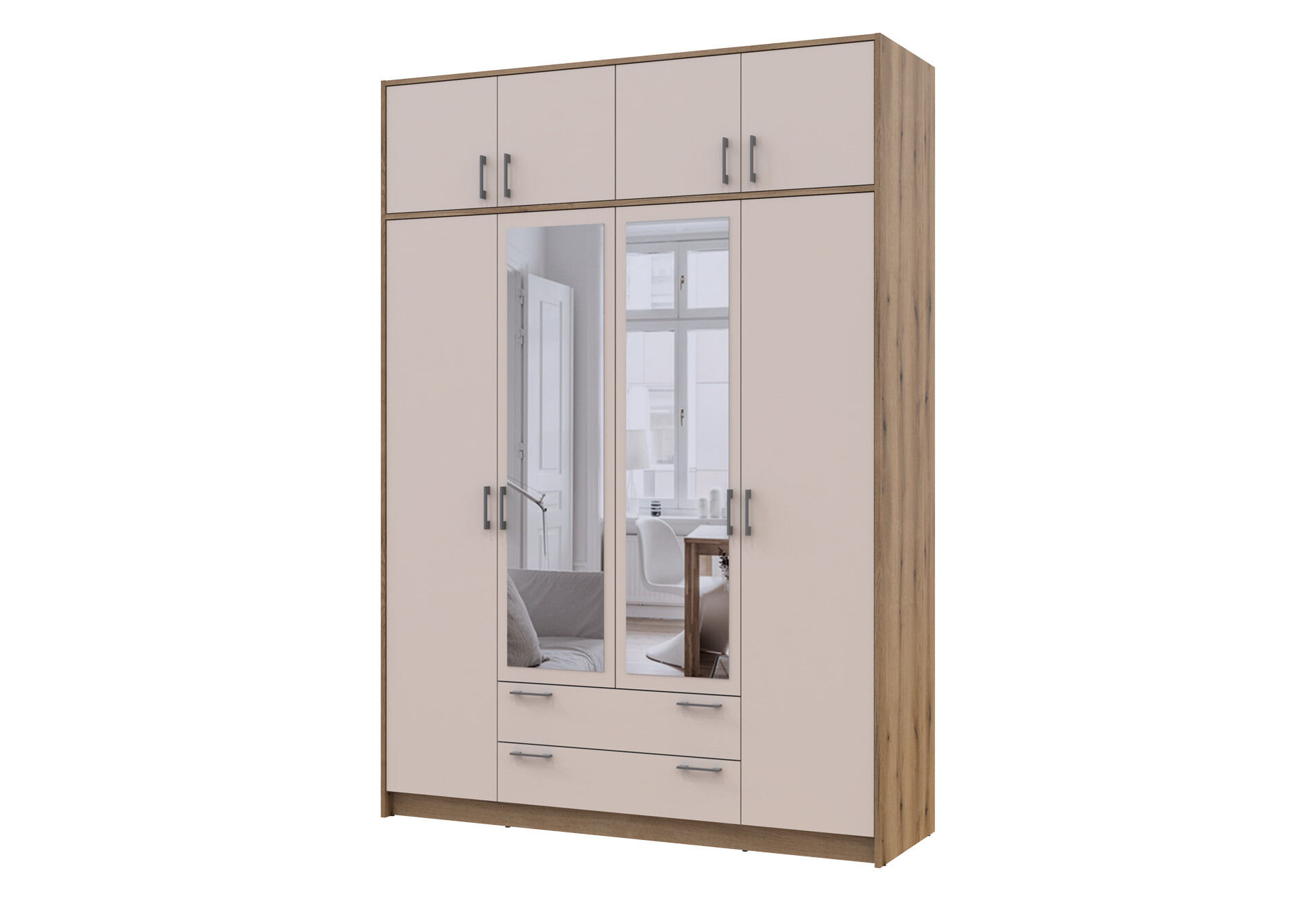 Фото 1 - Шкаф Doros Ронди 4-дверная с зеркалом, антресолей и 2 ящиками 160 см Дуб Артизан / Кашемир