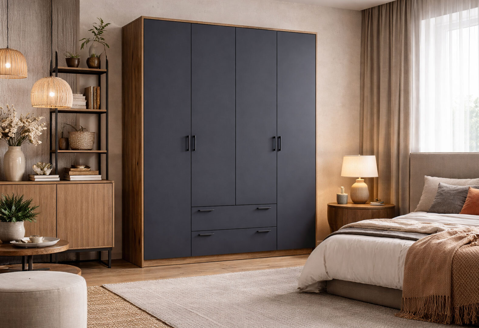 Фото 2 - Шафа Doros Ронді 4-дверна з 2 шухлядами 160 см Дуб Артізан / Графіт