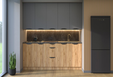 Фото Кухня МироМарк Лео / Leo 200 см, графит / дуб крафт