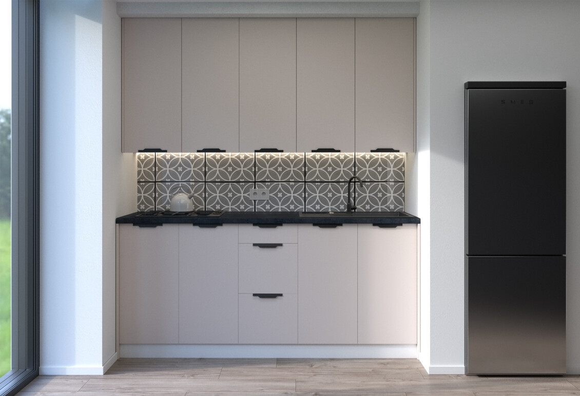 Фото Кухня МироМарк Лео / Leo 200 см, белый / кашемир, ручки черные