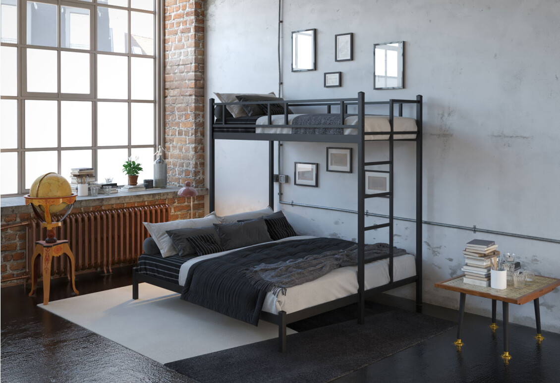 Фото Ліжко двоярусне / трьохспальне Tenero Фулхем металеве із вкладом метал + ДВП 80/140х190