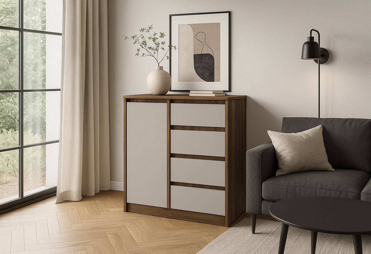 Фото 2 - Комод Київський стандарт №11 лівий з дверцею та 4 шухлядами 90 см дуб ліворно / кашемір