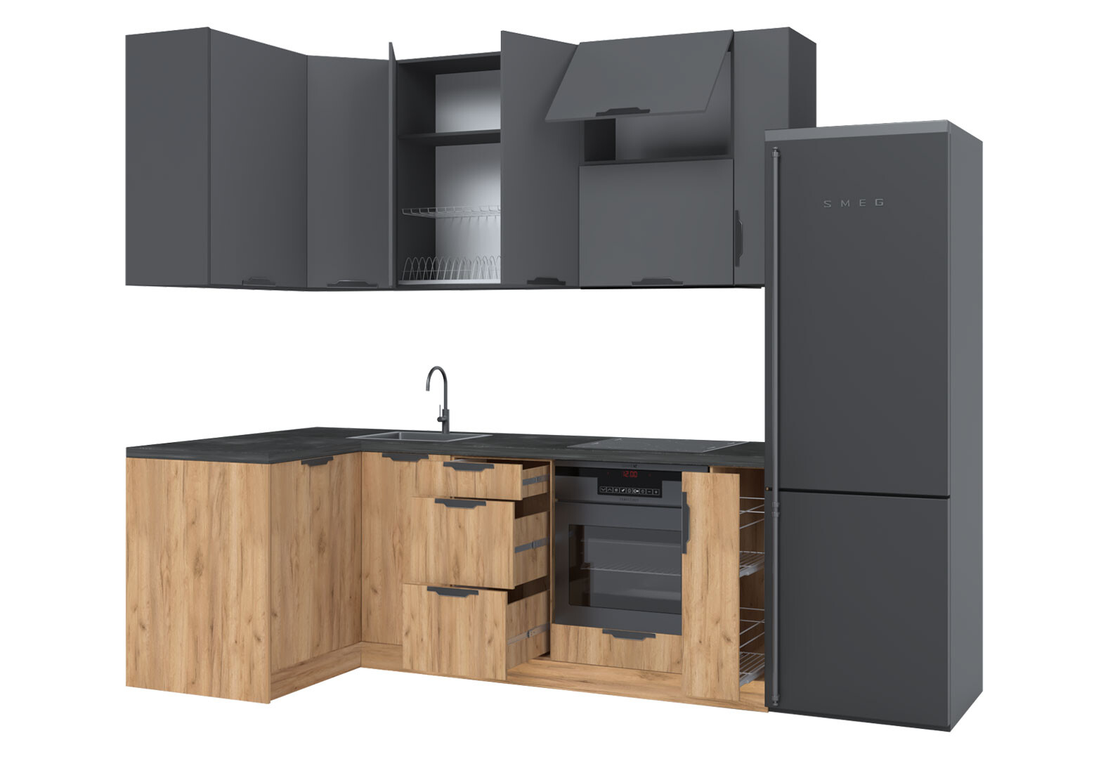 Фото 6 - Кухня угловая MiroMark Лео / Leo 1.22х2.2 м, графит / дуб крафт золотой