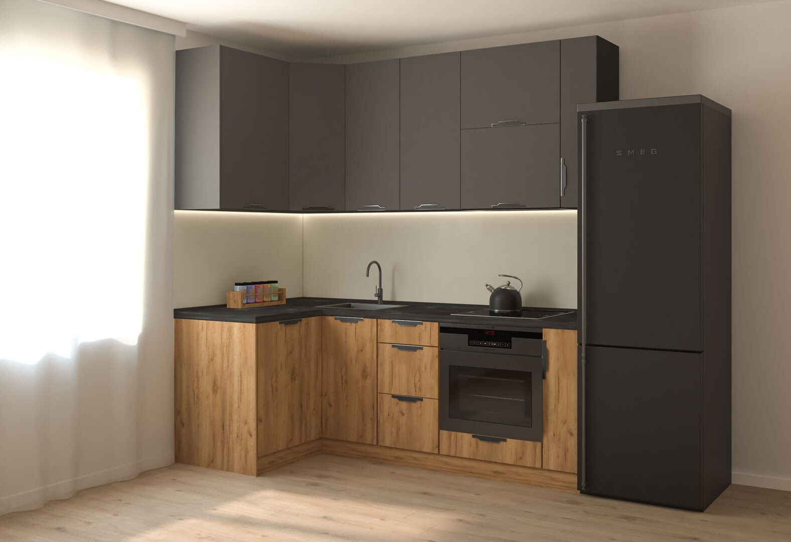 Фото 1 - Кухня угловая MiroMark Лео / Leo 1.22х2.2 м, графит / дуб крафт золотой