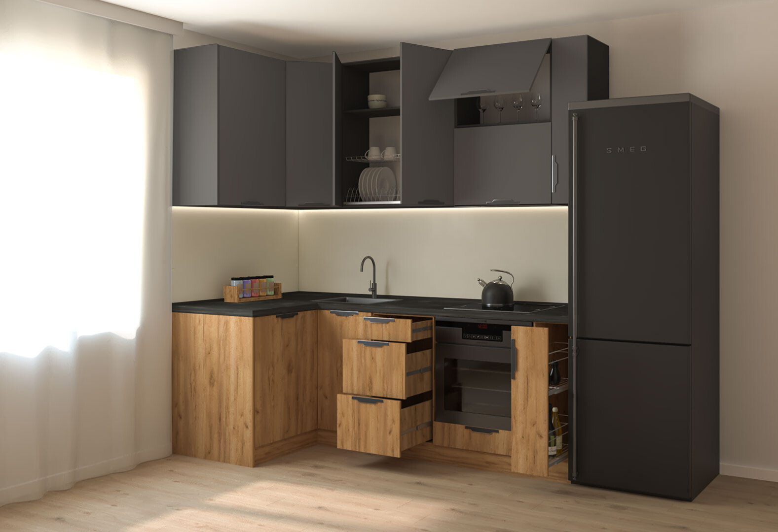 Фото 2 - Кухня угловая MiroMark Лео / Leo 1.22х2.2 м, графит / дуб крафт золотой