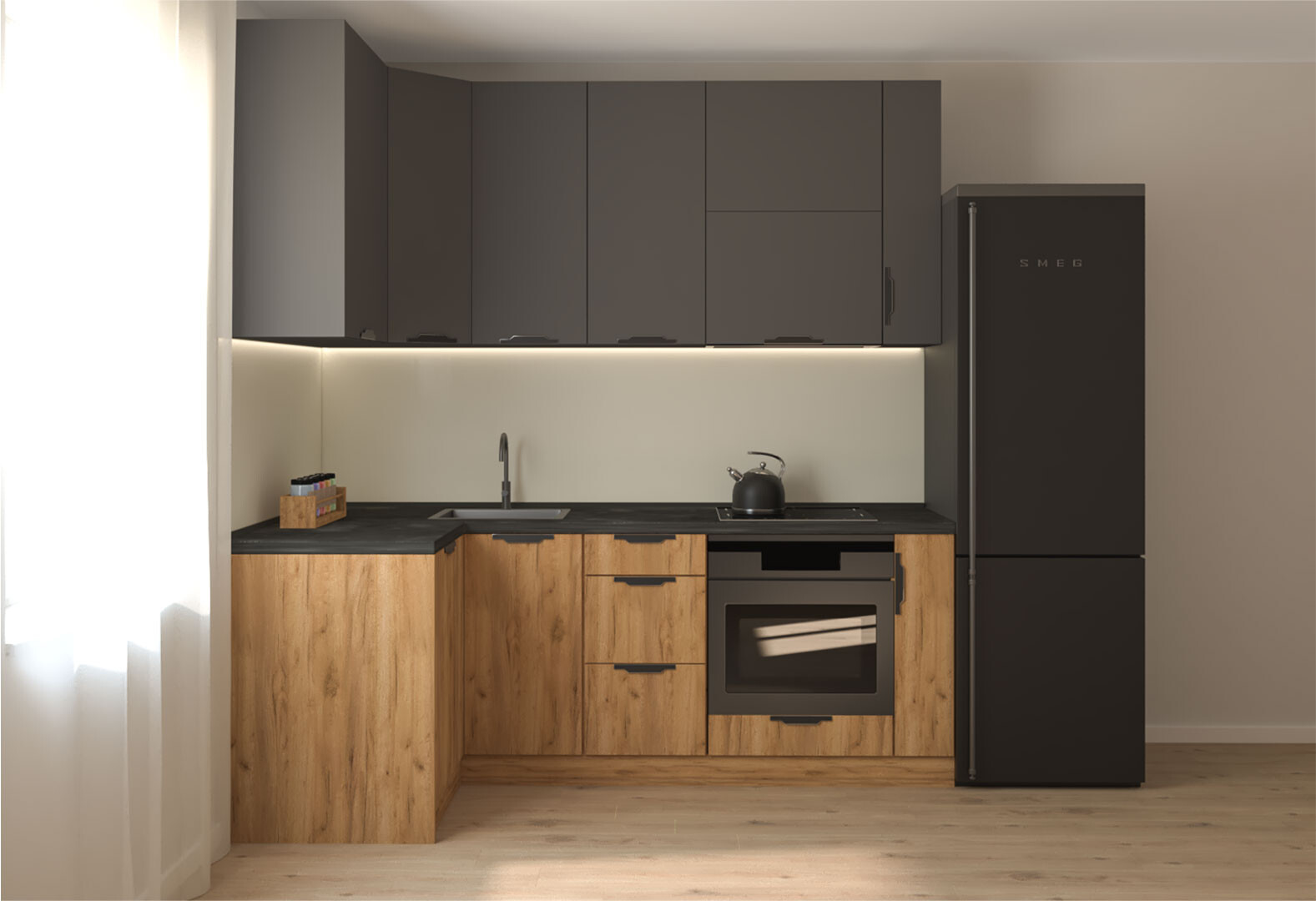 Фото 4 - Кухня угловая MiroMark Лео / Leo 1.22х2.2 м, графит / дуб крафт золотой