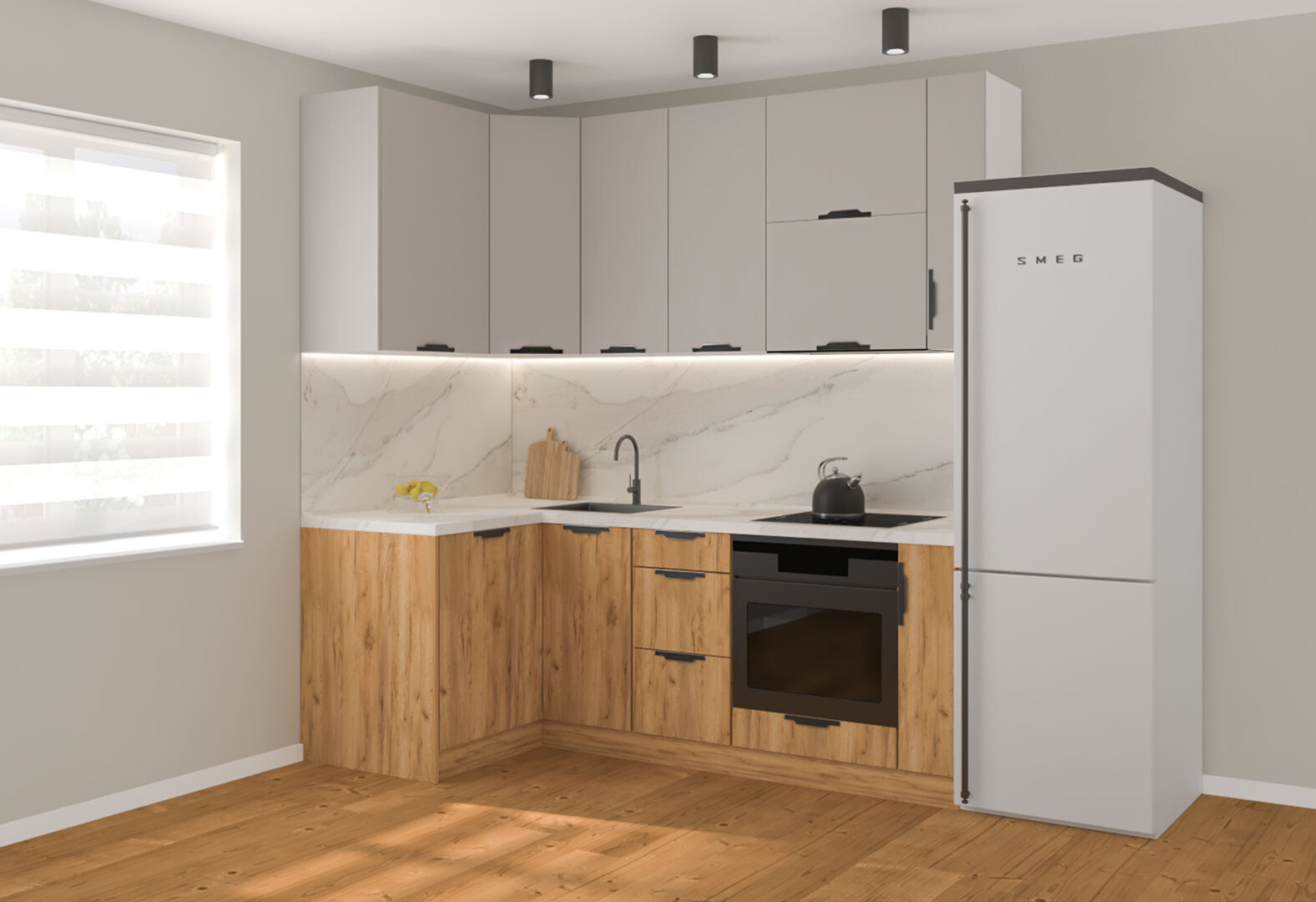 Фото 1 - Кухня угловая MiroMark Лео / Leo 1.22х2.2 м, кашемир / дуб крафт золотой