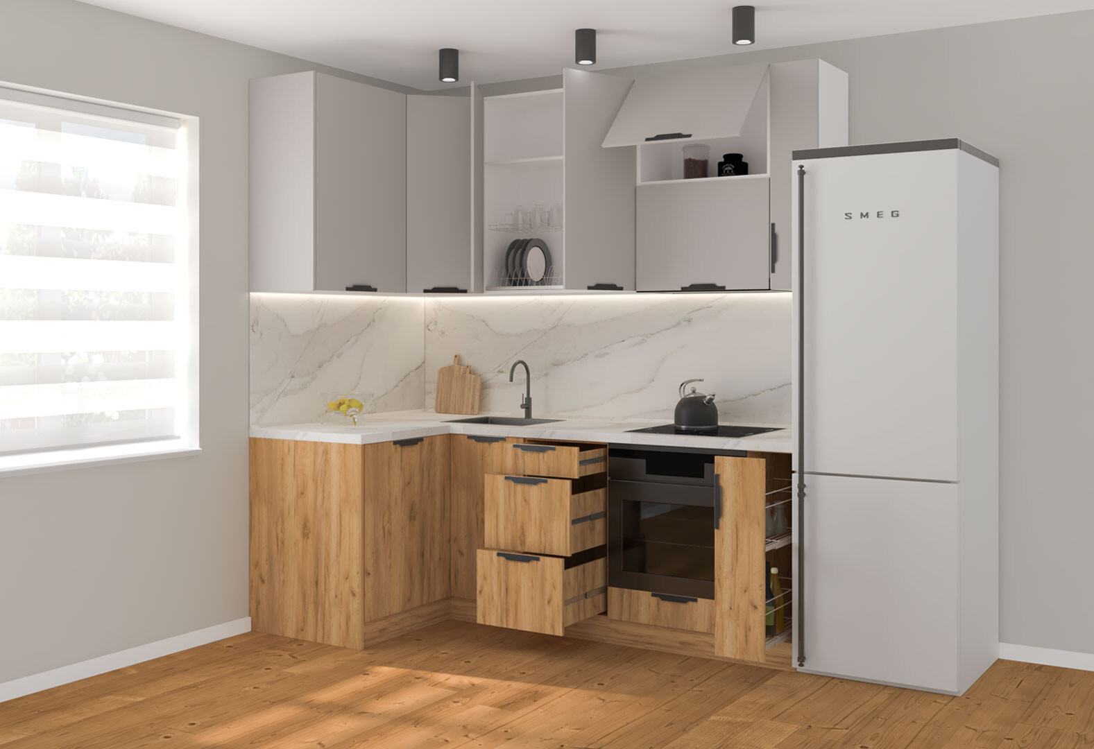 Фото 2 - Кухня угловая MiroMark Лео / Leo 1.22х2.2 м, кашемир / дуб крафт золотой