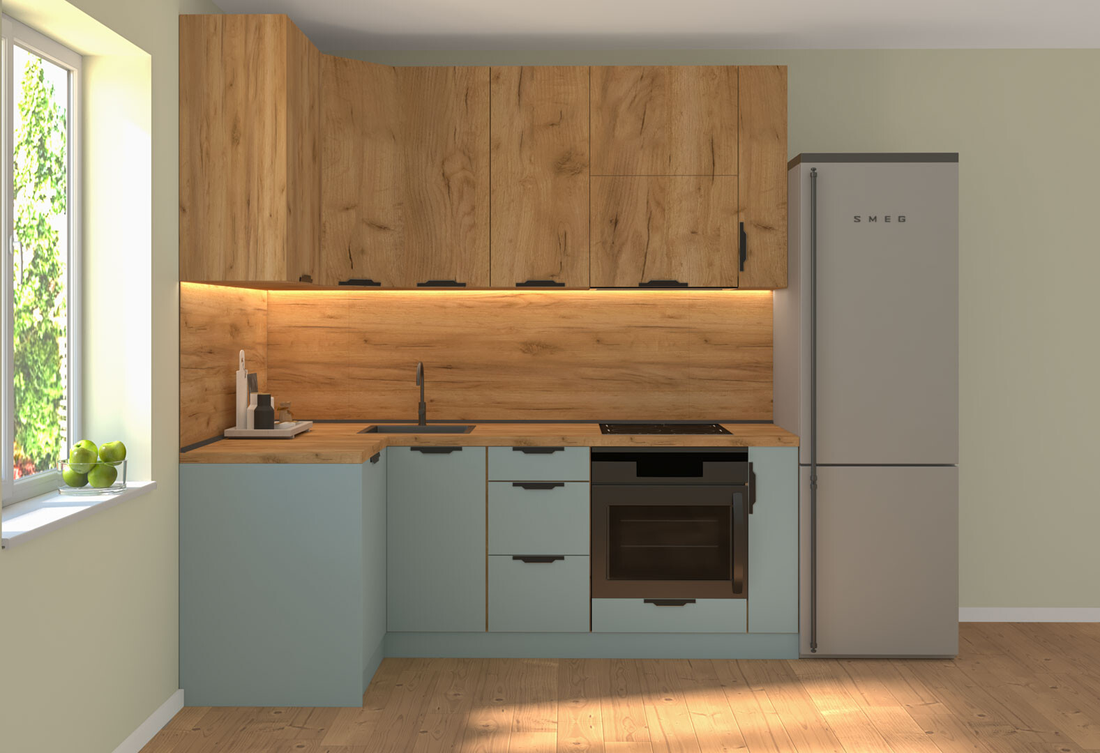 Фото 3 - Кухня угловая MiroMark Лео / Leo 1.22х2.2 м, дуб крафт золотой / сумеречный голубой