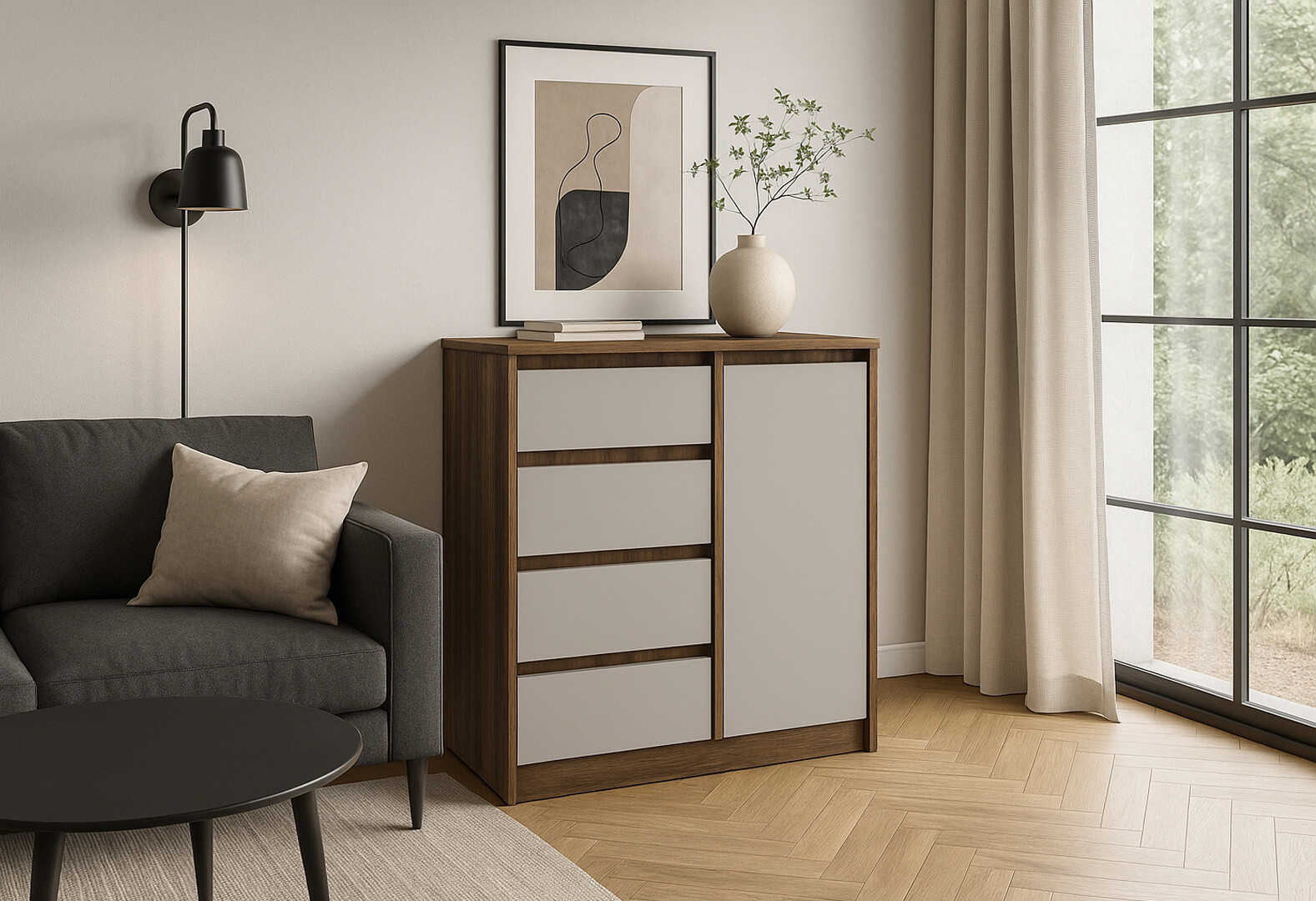 Фото 2 - Комод Київський стандарт №11 правий з дверцею та 4 шухлядами 90 см дуб ліворно / кашемір