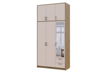 Фото Шкаф Doros Ронди 3-дверный с зеркалом, высокой антресолью и 2 ящиками 121 см Дуб Артизан / Кашемир