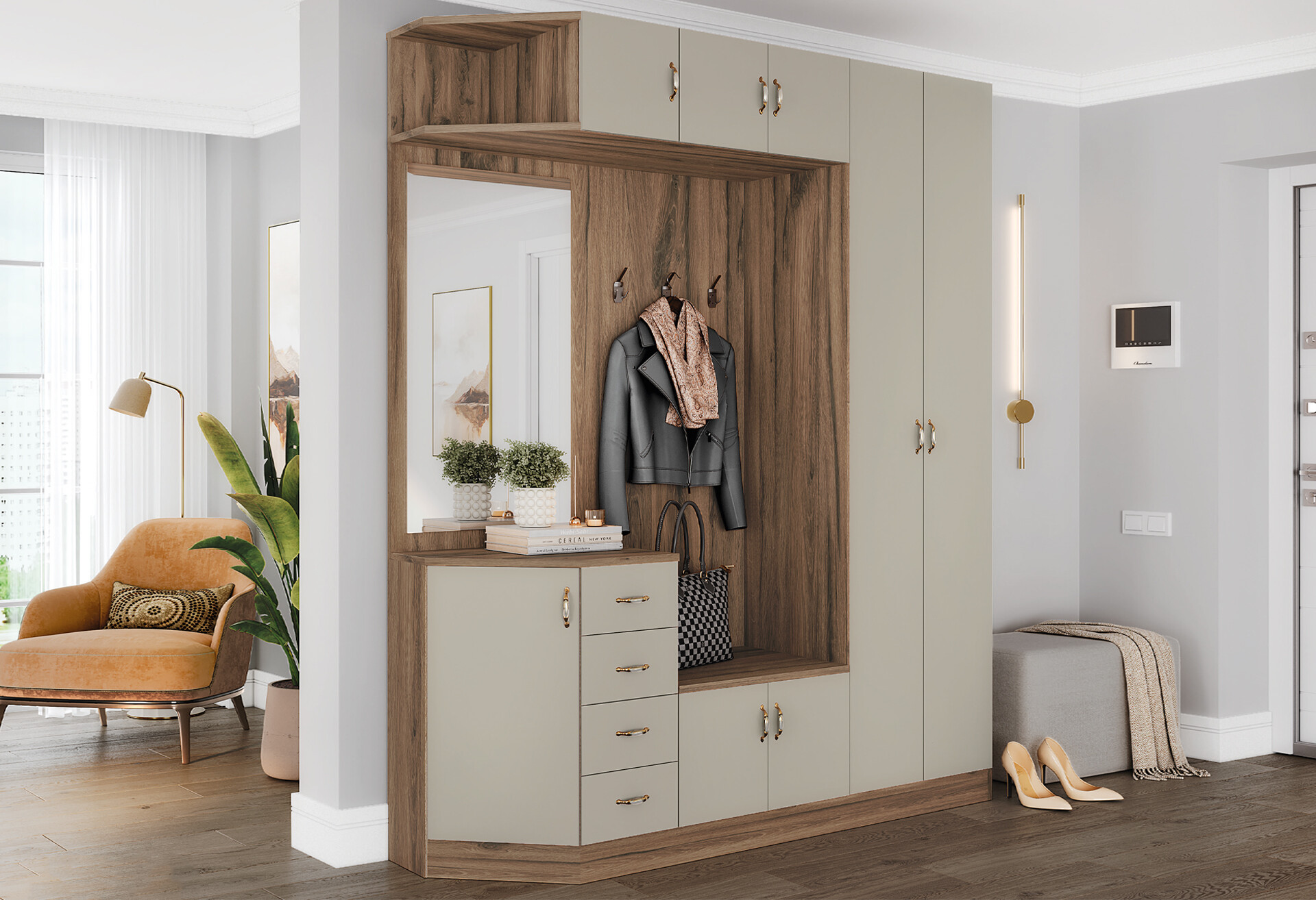 Фото 2 - Прихожая Киевский стандарт Классика Д 8-дверный левый с ящиками 180 см дуб ливорно / тоффи