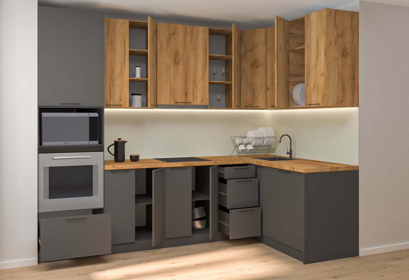 Фото 3 - Кухня угловая MiroMark Лео / Leo 2.8х1.62 м, дуб крафт золотой / графит