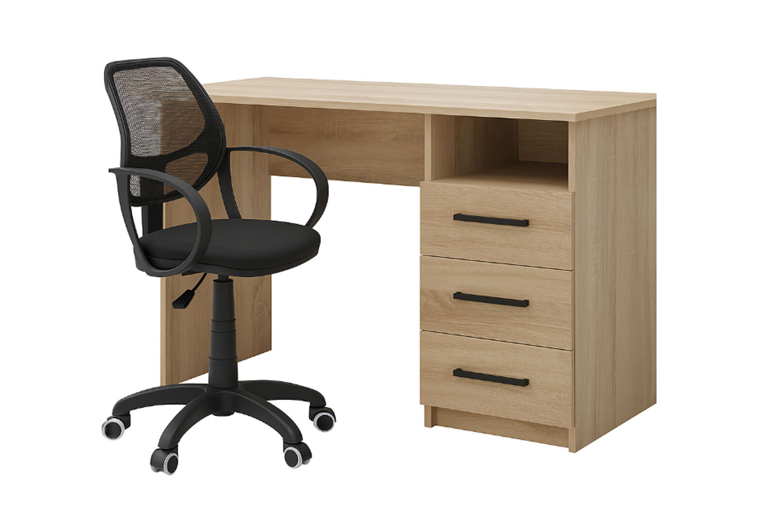 Фото 1 - Стіл письмовий Kredens furniture СК-3 115x55 см з шухлядами дуб сонома, з кріслом Біт чорний