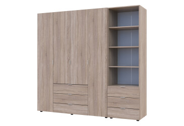 Фото Шкаф Doros Гелар 4 ДСП 4-дверная с ящиками и пеналом с открытыми полками 215 см Дуб сонома